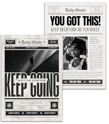WBdesignz Newspaper Poster (30x40 cm) - 2er Posterset im Zeitungsstil Vintage Minimalistisch Motivation Sprüche Keep Going You Got This Schwarz Weiß