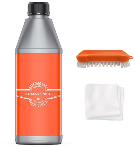 Fliesenreiniger Konzentrat 1l + Bürste + Fasertuch - Steinreiniger innen & aussen Betonreiniger, Bauendreinigung, Fugenreiniger, Reiniger für Wand & Bodenfliesen - löst Öl, Fett, Kalk BEKATEQ BE-714