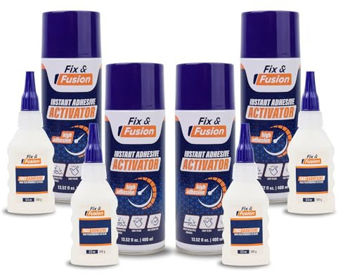 FIX & FUSION Ca Super Glue (100 gr) with Activator Spray (400 ml) Set, Fast Adhesive/Cyanoacrylate Glue & Instant Activator for Woodworking, Plastic, Rubber, Granite, DIY & Industrial, (4 Pack)