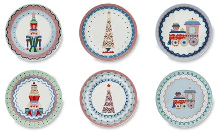 Excelsa Xmas Sweet Pastels Set 6 Piattini da Aperitivo, Porcellana, Diametro 15 Cm., Decoro Natalizio