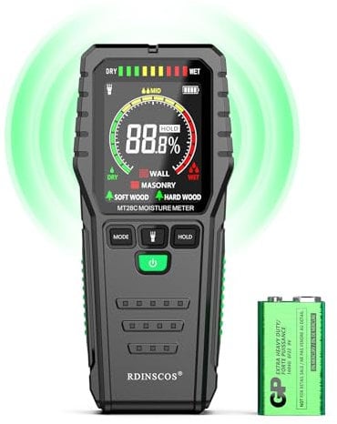 RDINSCOS Medidor de humedad sin pins, medidor de humedad no invasivo para paredes, detector de humedad con pantalla a color, probador de humedad para paredes, madera, leña, caravana, hormigón (MT28C)