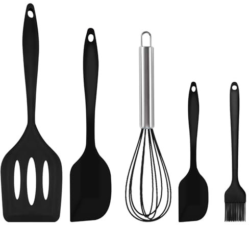 Silicone Spatula Set, 3 Pcs Heat-Resistant Spatula with Whisk & Brush, Non-Stick Rubber Kitchen Utensils Set for Cooking Baking & Mixing (Black)