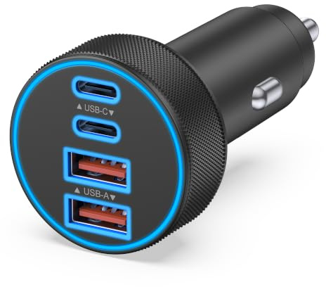 [4 in 1] USB C Car Charger, 4-Port 90W Super Fast Charging Cigarette Lighter Adapter, Dual 45W USBC & USB-A Multiport Car Phone Charger Accessories for iPhone 17 16 15 14 13 12, iPad, Galaxy, Tablet