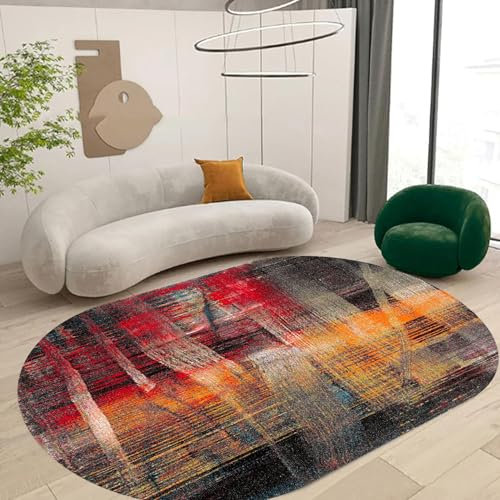 VARIKASHOM Waschbarer Oval Teppich für Dekoration Wohnzimmer, Schlafzimmer, Carpet Room Decor, Modernes abstraktes mehrfarbiges dekoratives Muster, Schwarz, Grau, Blau, Gelb, Rot, 140 x 200 cm