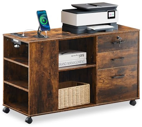 CLIPOP Rollcontainer,abschließbar,mobiler Aktenschrank mit 5 Rollen,3 Schubladen,Schubladenschrank Büroschrank Bürocontainer mit Steckdose,für Büro Zuhause,Braun