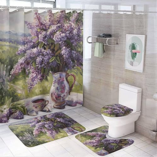 Set da bagno con tenda da doccia e tappeti, set di 4 tappetini da bagno con teiera lilla, accessori decorativi per copriwater e tappetino a forma di U con 12 ganci
