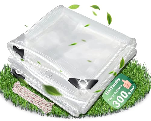 Plane Wasserdicht Transparent mit ösen 2x4m, 300g/m² PVC Material Abdeckplane Wasserdicht, Durchsichtige Plane Für DraußEn, Premium Abdeckplane mit Seil, für Gartenmöbel Pflanzen Pavillon Balkon