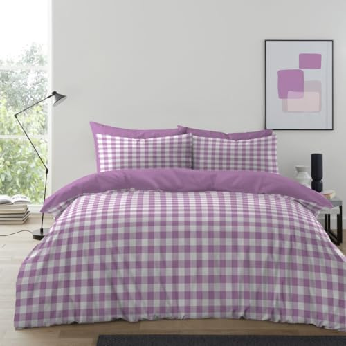 Lions Lilac Gingham Bedding - 100% Polyester - Double Bed Size Checked Duvet Cover Set with Matching Pillowcase, Soft Microfibre Reversible Printed Quilt Covers, 200x200cm