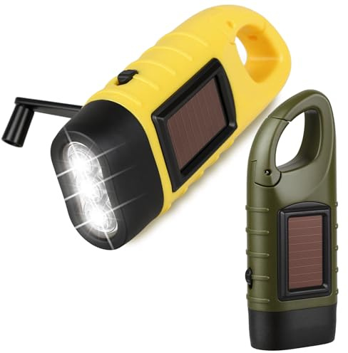 2 Pack Wind Up Torch Hand Crank Camping Flashlight with Solar Powered | LED Super Bright Portable Emergency Light, with Carabiner, for Hiking Survival Gear Power Outages, Solar Rechargeable