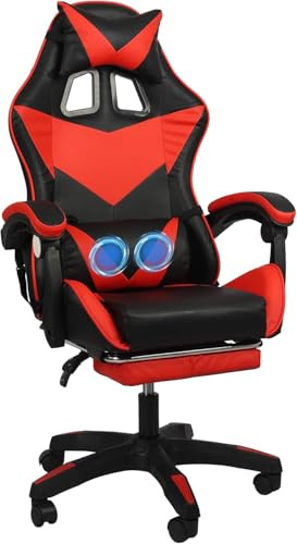 Chaise Gaming Ergonomique Massage à 2 Points, Fauteuil de Bureau avec Repose-Pieds, Appui-Tête & Lombaire Réglables, Capacité de Charge de 150 kg, Noir+Rouge