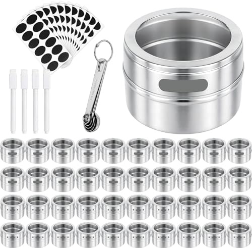 RWFMO 40 Pack Magnetic Spice Jars for Fridge, 90 ml Stainless Steel Tins | Clear Lids, Two Dispensing Openings, Strong Magnetic Backing, 120 Labels, 4 Pens And 5 Measuring Spoons For Organised Storage