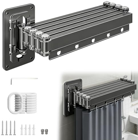 5-Fach Faltbare Duschvorhangstange Ohne Bohren mit 1.8x2M Duschvorhang | Wandmontage Eckvorhangstangen, Platzsparend, Für Badezimmer, Eckdusche Shower, Umkleideraum, Wohnmobile, Grau