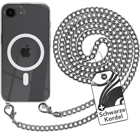 EAZY CASE - Handykette kompatibel mit iPhone 17e Kette zum Umhängen Stoßfest Handyhülle für iPhone 17e Silikon Hülle mit Band aus Metall Transparent als Fallschutz in Silber