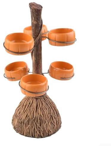 Juego de tazas de calabaza de Halloween de resina con estante para aperitivos y decoración de escoba diseñada para celebraciones de temporada y mesas de fiesta de otoño (#2)