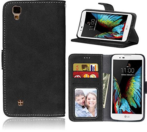 LMAZWUFULM Hülle für LG X Power/LG K220 (5,3 Zoll) PU Leder Magnet Brieftasche Lederhülle Retro Gefrostet Design Stent-Funktion Schutzhülle Ledertasche Flip Cover Schwarz