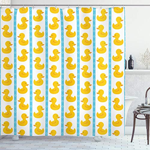 ABAKUHAUS Badeente Duschvorhang, Baby Blue Stripes, Stoffliches Gewebe Badezimmerdekorationsset mit Haken, 175 x 180 cm, Weiß