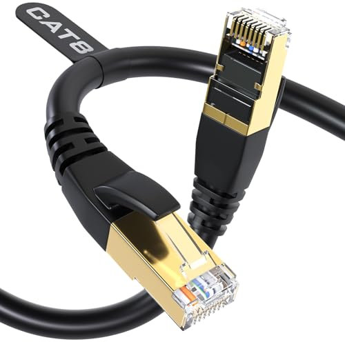 DbillionDa Cat8 Ethernet Cable, 1.8M Heavy Duty High Speed 26AWG Cat8 LAN Network Cable 40Gbps, 2000Mhz with Gold Plated RJ45 Connector, Weatherproof S/FTP UV Resistant for Router, BLACK, Cat8-6ft