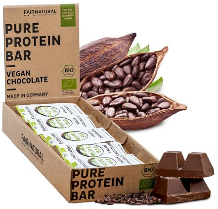 FAIRNATURAL® Protein Riegel Vegan Schokolade [10x45G] - Vegane Whey Proteinriegel ohne Soja & zugesetztem Zucker - Eiweßriegel Herstellung in DE - Pflanzliche Energieriegel - Protein Bar Schoko
