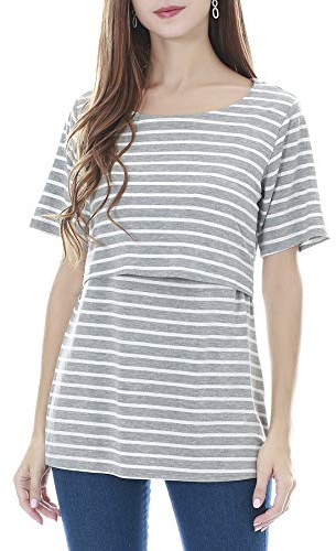 Smallshow Stillshirt Umstandstop T-Shirt Umstandsmode Umstandsshirt Schwangerschaft Kleidung Mutterschafts Kurzarm Shirt Light Grey Stripe Medium