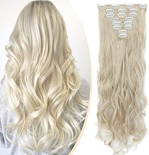 S-noilite Clip In Extensions Haarverlängerung Gewellt 8 Teiliges SET 18 Clips 8Pcs Voller Kopf Wie Echthaar 60cm Aschblond & Bleichblond