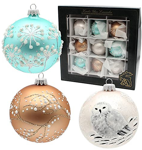 Dekohelden24 Lauschaer Christbaumschmuck - 9er Set Glaskugeln in Bronze, Türkis und Silber, mundgeblasen und handdekoriert mit versch. Motiven, mit Silberkrönchen, Größe Ø ca. 8 cm