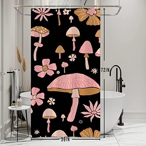 Bovlleetd Rideau de Douche en Tissu Rideaux de Douche à Fleurs Boho Champignon Mignon Rose Noir pour Salle de Bain Rideau de Douche imperméable Long et étroit Set 6 Trous 36x72 Pouces
