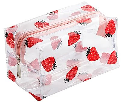 Trousse de Maquillage Portable en PVC Transparent étanche - Trousse de Toilette de Voyage - Jolie Pochette de Rangement pour Femmes et Filles - Fraise