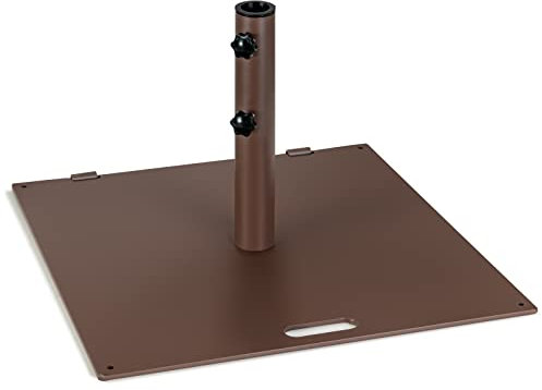 GOPLUS Soporte de sombrilla de metal con base cuadrada, 2 adaptadores y 2 botones ajustables, soporte para sombrilla de balcón con asa para postes de sombrilla de 40/50 mm (marrón, con ruedas)