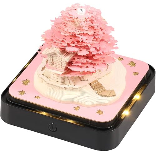 Schreibtisch kalender mit LED-Lichtern, 2025 Kalender 3D Memo Pad Papier Kreative 3D Notizblock Papier, Countdown Kalender Schnitzen Geschenk Desktop Dekoration (Rosa Baumhaus)