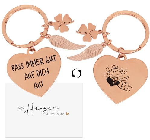COLOFALLA Schlüsselanhänger Herz mit beidseitiger Gravur Grußkarte Glücksbringer Prüfung Führerschein Valentinstag Abschluss Geschenke Du schaffst das Pass auf dich auf (PASS IMMER GUT AUF DICH AUF!)