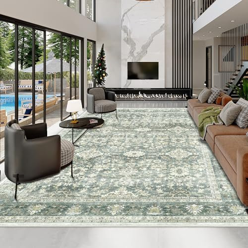 HOMFINE Vintage Teppich Wohnzimmer Waschbar - Kurzflor Waschbarer Teppich Super Weich rutschfest Blumen Design Groß Wohnzimmerteppich für Schlafzimmer Esszimmer Grün 120 x 170 cm