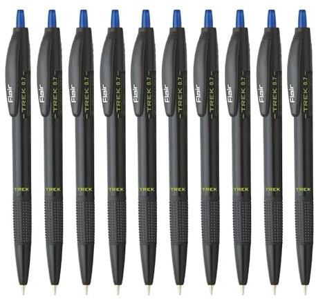 FLAIR Trek Druckmechanik, 0,7 mm Kugelschreiber mit extra großer Tintentankmine, minimalistisches Design, mattes Finish, weicher Gummigriff und eleganter Taschenclip, blaue Tinte, 10 Stück