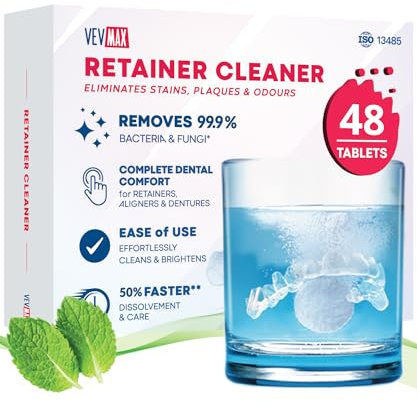 Vevmax Retainer Reinigungstabletten - 48 Tabletten, Zahnersatz, Mundschutz, Zahnspangen, Aligner Reiniger
