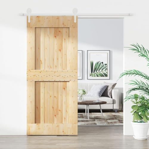 Baziroo Schiebetür mit Beschlag Weiß 90x3,6x210 cm Massives Kiefernholz und Stahl Scheunentor Holztuer Innentüren Wooden Door Sliding Door Schibetür Wohnzimmertuer Zimmertür Holz Zimmertüren