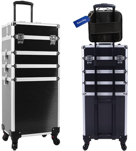 CHUANGJIN 4 in 1 Rolling Makeup Train Case Professional Cosmetic Trolley Large Storage Organizer with Key Swivel Wheels Salon Barber Case, Black-pro, Pro