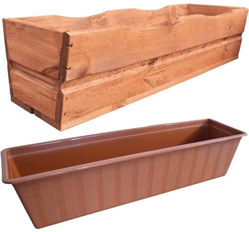 YOURSGARTEN Fioriera in Legno 54 cm Cassetta Rustica per Piante e Fiori, Ideale per Balcone, Terrazzo e Giardino- Teak - con inserto incluso