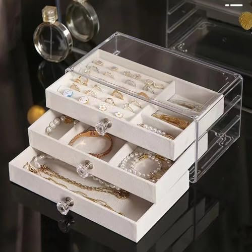 Portagioie Donna Porta Gioielli da 3 Cassetto Acrilico Organizer Gioielli Scatola Porta Gioielli Cofanetto Portagioie Porta Gioie Scatola per Gioielli Orecchini Bracciali Anelli e Collane (Crema)