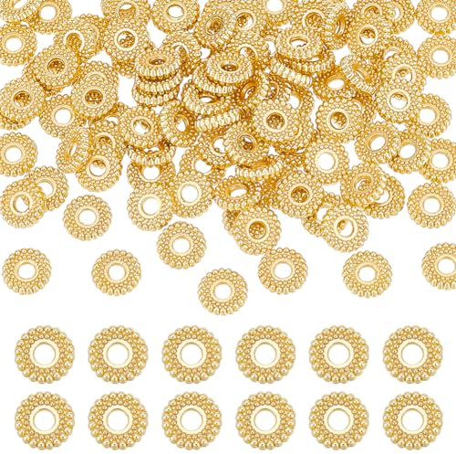 BENECREAT 100pcs Véritables Perles D'Espacement Plaquées Or 18K, Perles D'Espacement en Métal Fleur de 7.5x2mm, Perles Heishi et Rondelles pour la Fabrication de Bijoux, Trou: 2mm