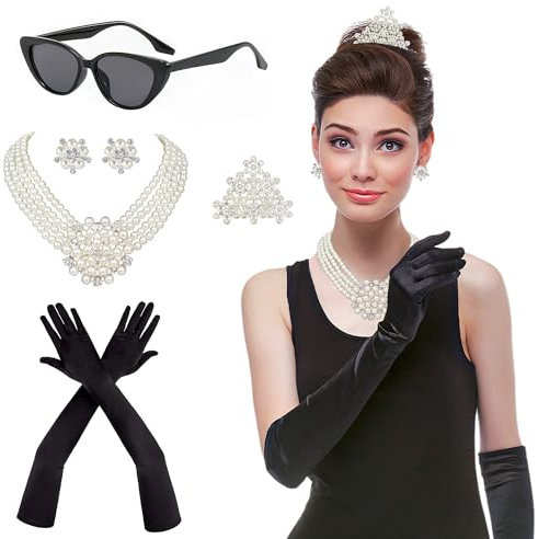 Horolam 6PCS 1920s Accessori, Holly Golightly Costume 20s Accessori collana di perle Orecchini Guanti occhiali da sole per le donne (Nero)