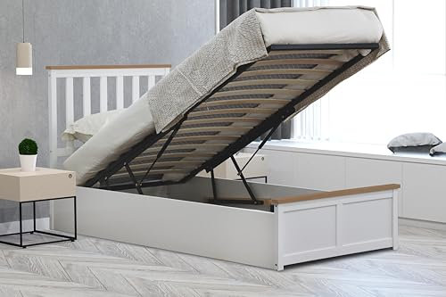 Comfy Living White Wooden Ottoman Gas Lift Storage Bed 3ft 4ft 4ft6 5ft (No Mattress, 3ft Single)