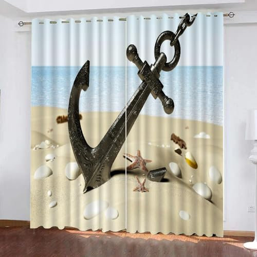 GIOVIA 3D Anker Vorhänge Abdunkelnde mit ösen 2 Stücks Gardinen Blickdicht Verdunkelungs Ozean Maritim Kälteschutz Scheibengardinen für Junge Mädchen Schlafzimmer B 280 X H 260 cm
