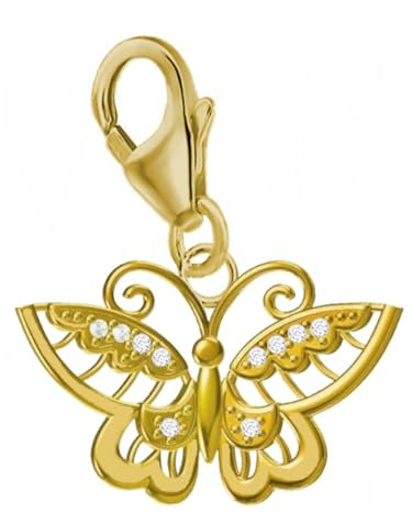 Zirkonia Schmetterling Charm-Anhänger 925 Silber Gelbgold vergoldet, Karabiner für Armbänder, Bettelarmbänder
