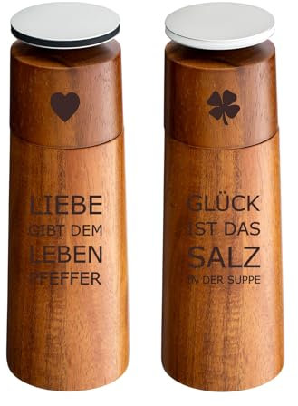 Schmalz® Set Pfeffermühle und Salzmühle aus Akazien-Holz - Glück ist das Salz in der Suppe + Pfeffermühle Liebe gibt dem Leben Pfeffer graviert