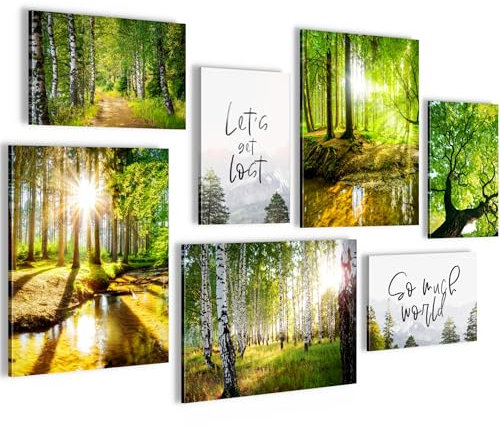 Novart Wandbilder Wald Landschaft - KOMPLETT AUFHÄNGFERTIG - Grün Wohnzimmer Schlafzimmer Flur - 7 Moderne Mood-Bilder - N036671a