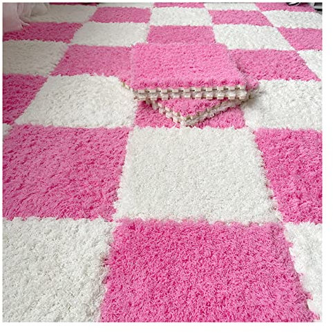 Fluffy Interlocking Carpet Tiles 50 Piece Plush Foam Floor Mat Set for Home Playroom Decor Soft Climbing Area Rugs 12x12 Inch Square Light Coffee Color