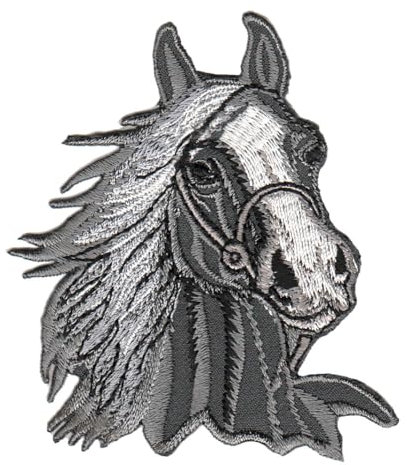 Pferd Kopf Grau Reiten Aufnäher zum aufbügeln oder aufnähen Bügelbild Aufbügler für Kleidung gestickter Bügelflicken Applikation Patch Größe 6,5 x 8,3 cm