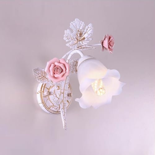 BOTOWI Vintage Wandleuchte Rosa Rose Nachttischleuchten Rustikale Blumen Glas Schirm Wandleuchte Leuchter für Schlafzimmer Wohnzimmer Flur Balkon Gang