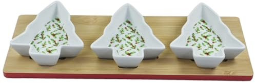 Lesser & Pavey Gift Item Serving Bowls Decorative Set in Christmas 3 Tree Shape Ceramic Snacks Dip Appetizer Olives Bowls Dishes on Tray Board