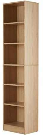 Home Source Tall Bookcase, Narrow Open Adjustable Shelves, Display Storage Cabinet, 6 Tier, Oak Effect