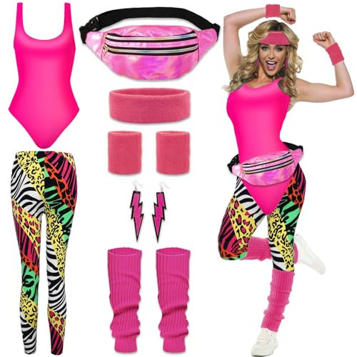 80er 90er Jahre Outfit Damen- Retro Trainingsanzug Workout Kostüm 80er Kleidung Accessoires Frauen mit 80s 90s Clothes Leggings Bauchtasche Stirnband Beinwärmer für Karneval Fasching Mottoparty Kostüm
